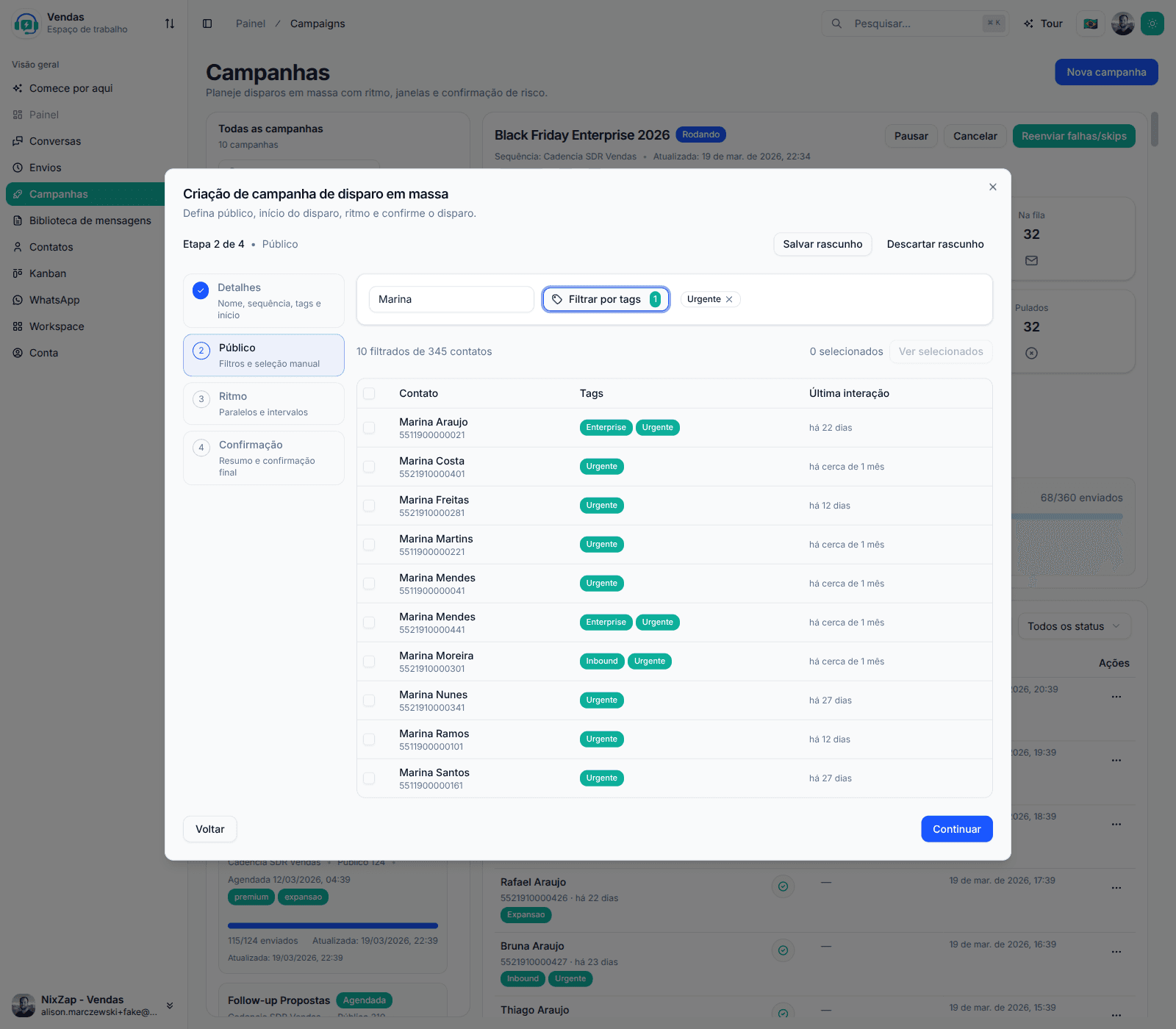 Tela da NixZap com criação de campanha, busca por nome e filtro por tags para selecionar o público