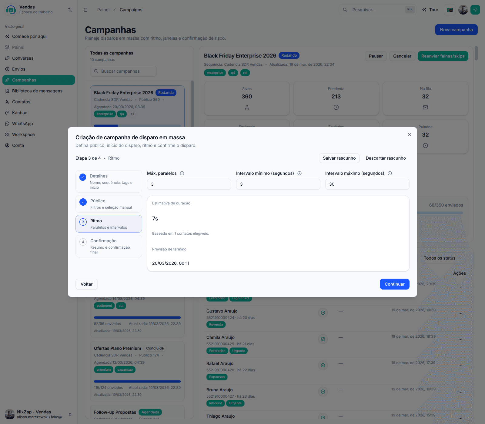 Tela da NixZap com a etapa de ritmo da campanha, configurando paralelos e intervalos