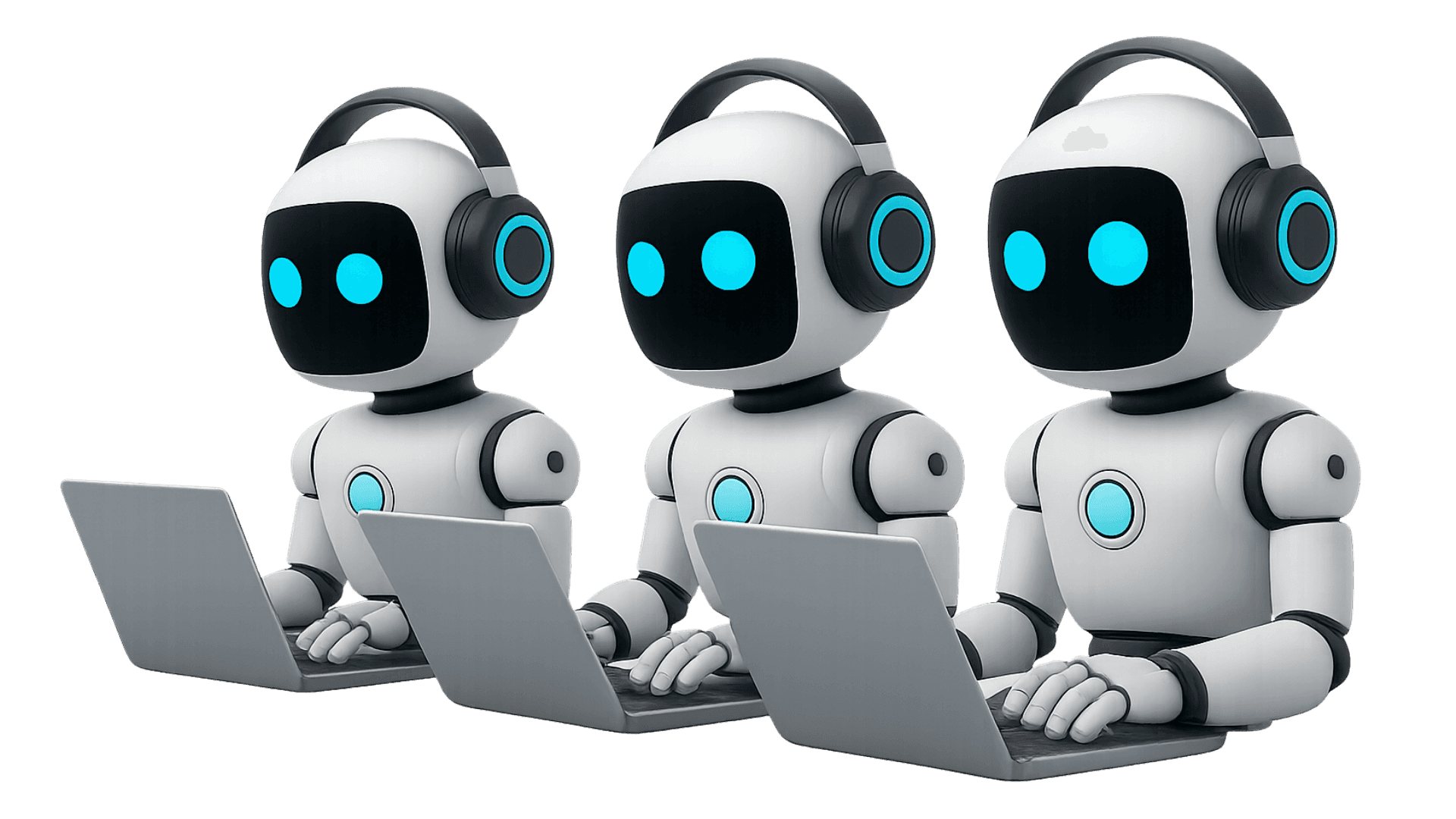 Funcionários de IA atendendo clientes em vários computadores